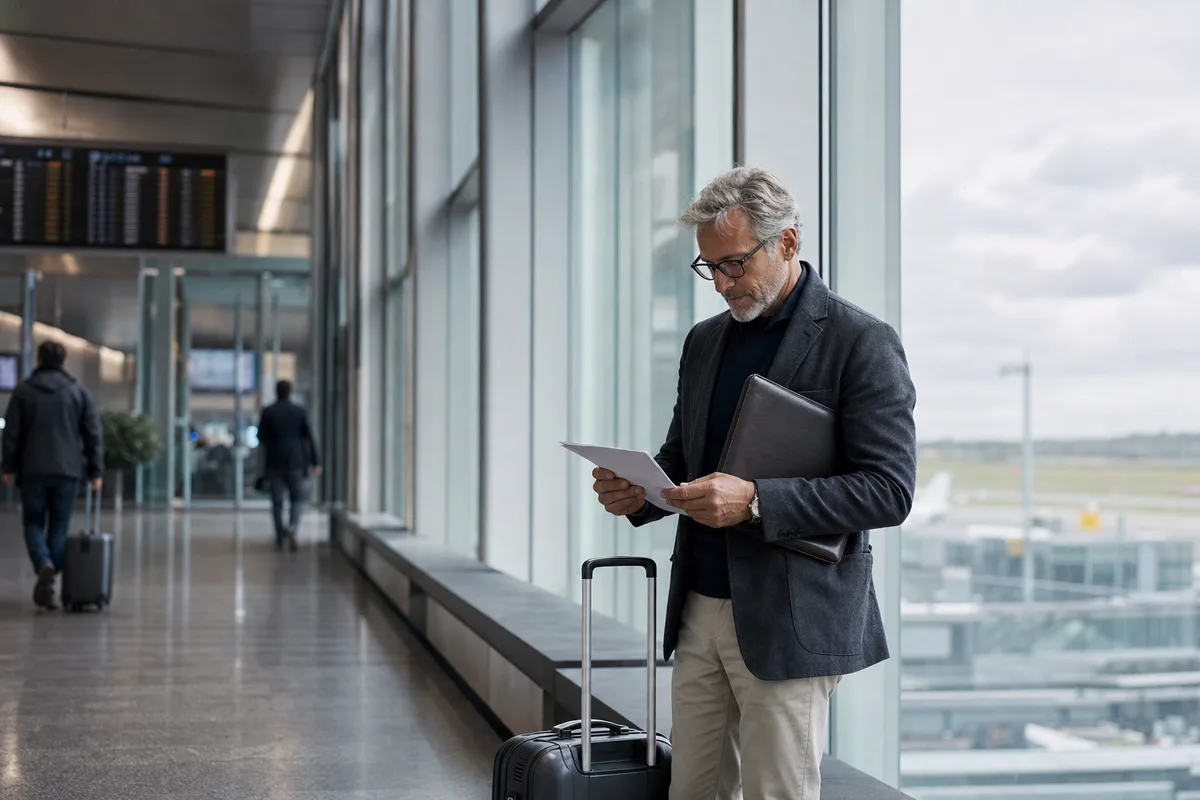 An experienced international traveller reviewing documents at an airport