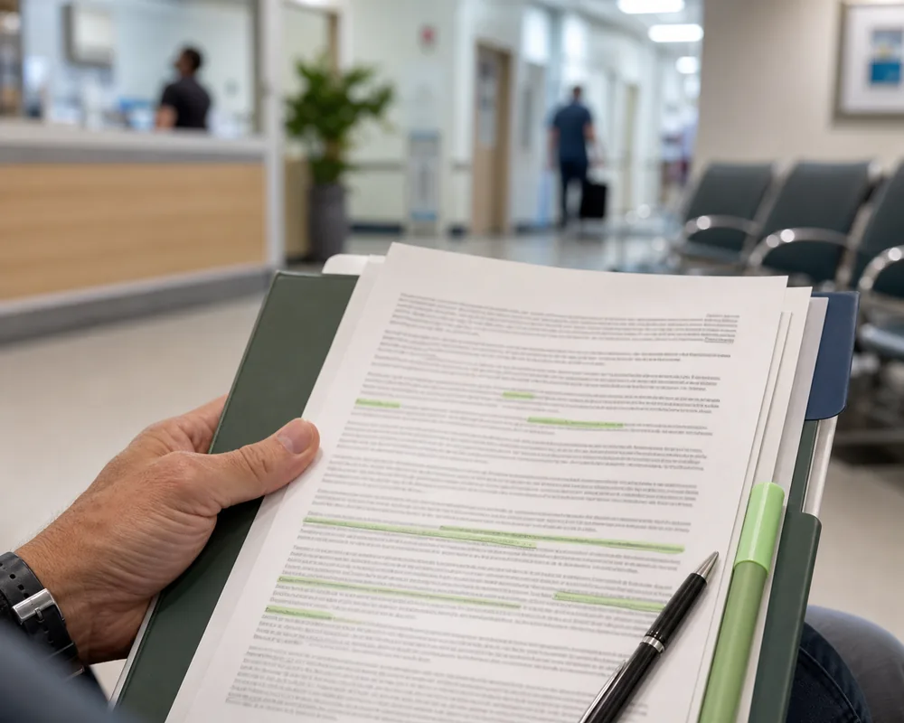 Marked-up insurance policy documents in a hospital waiting corridor