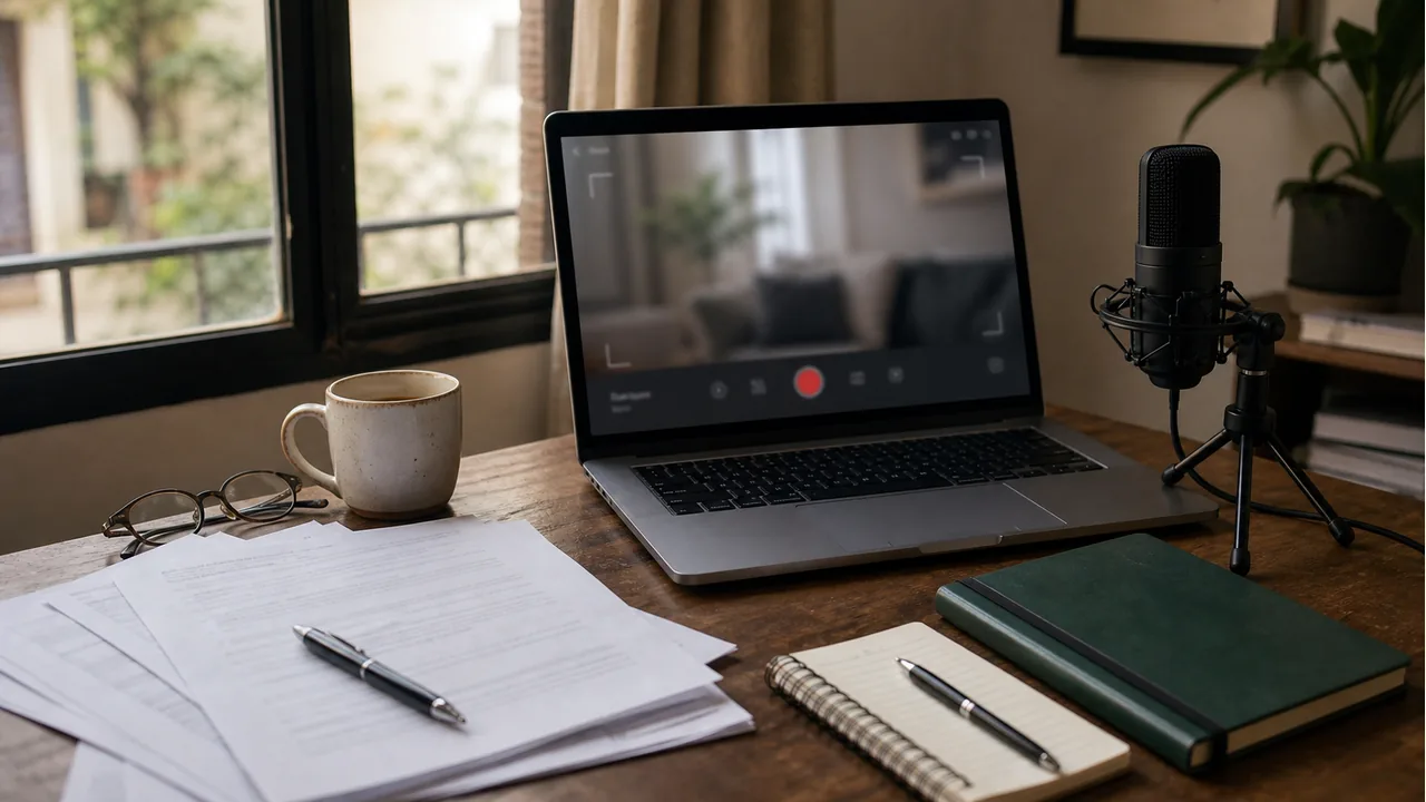 Advisor video setup with policy documents, laptop, microphone, and notebook